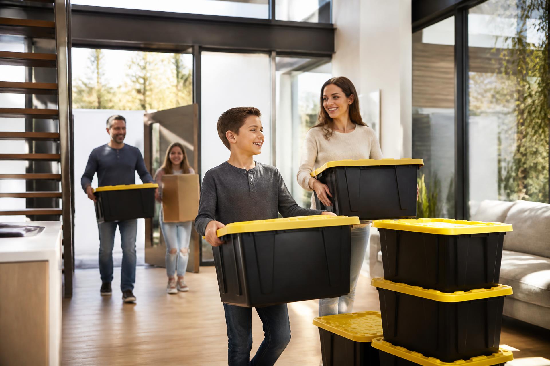 Family moving into a modern home with black reusable moving bins with yellow lids